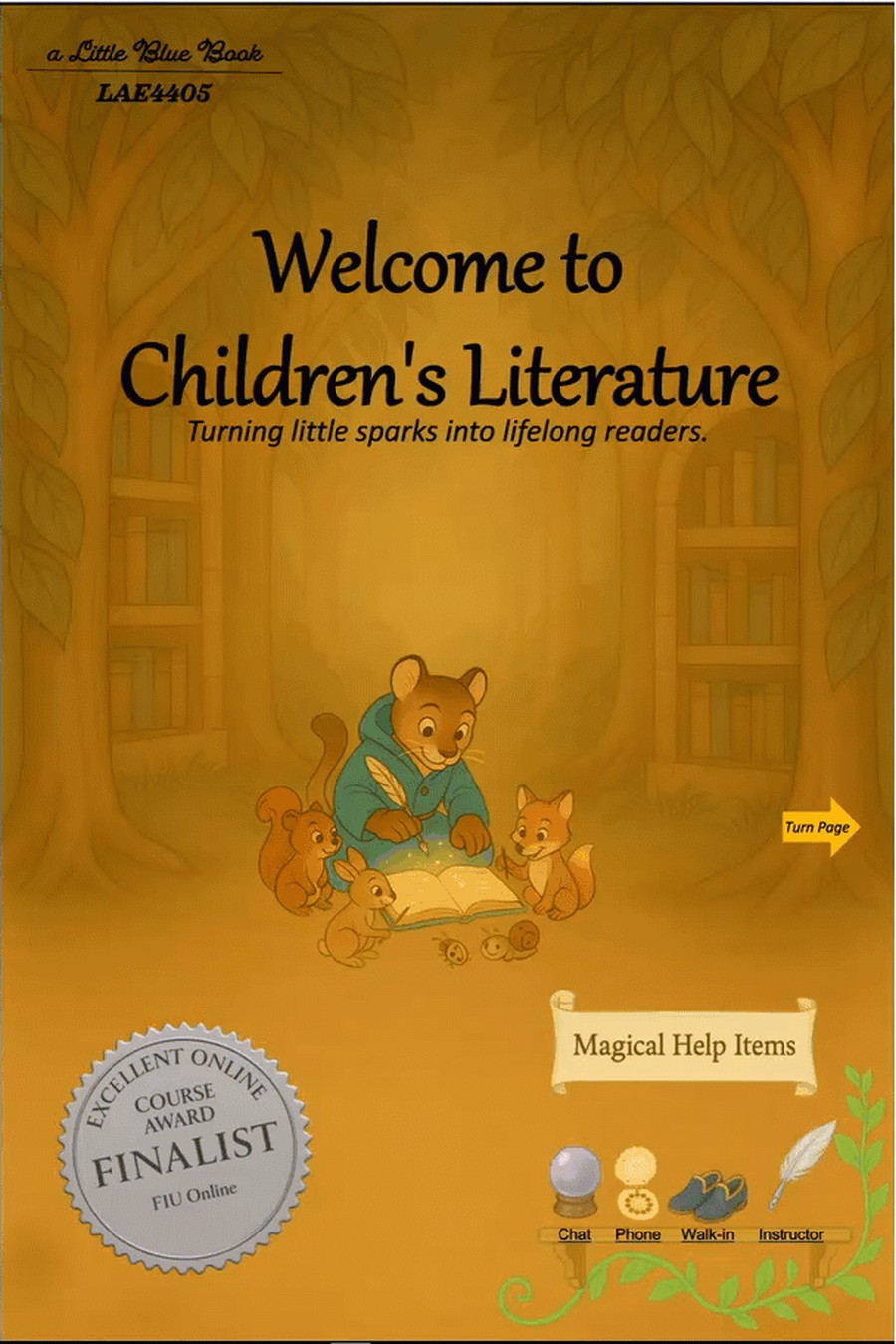 The gold-foil storybook home page of the Children's Literature course